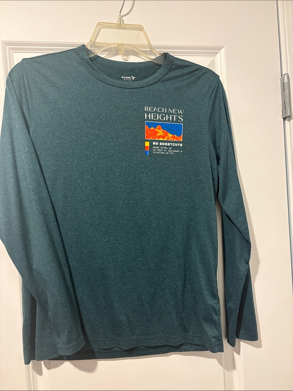 Old Navy Men's Long-Sleeve Performance Tee - Teal Green with Multicolor Graphic